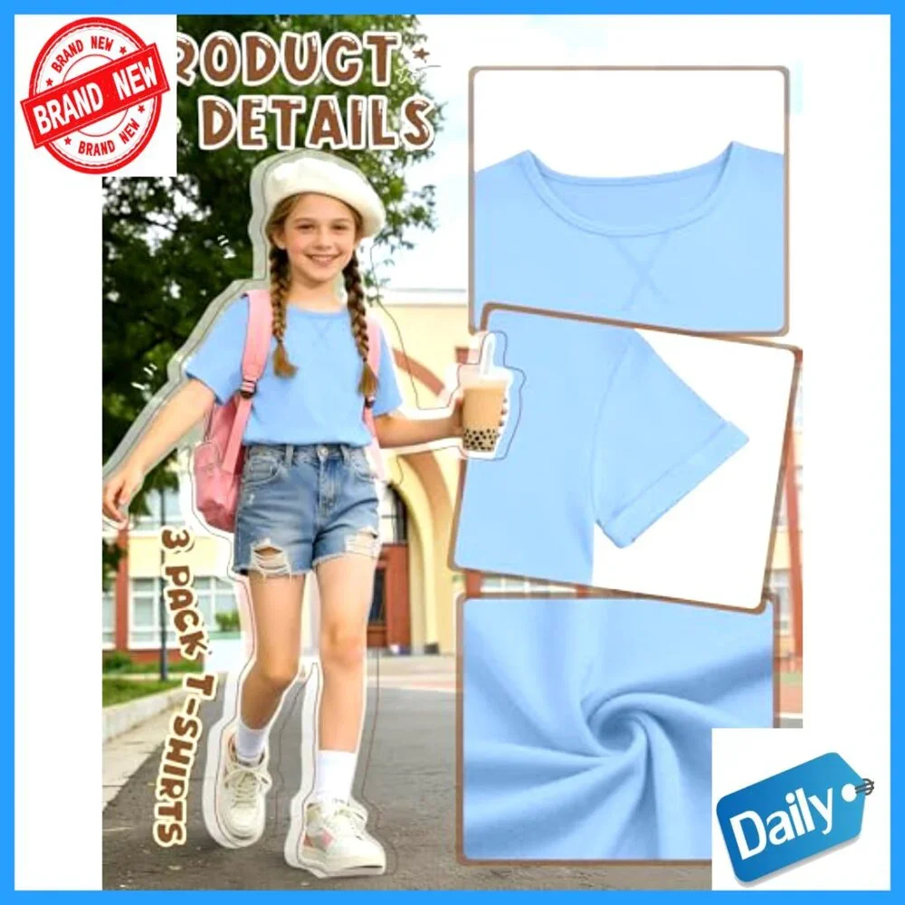 Girls 3 Pack Short Sleeve Tees Loose Fit Crew Neck Rolled Cuff Tops